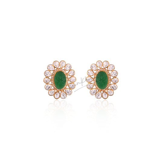 Carved Emerald and CZ Drop Earrings