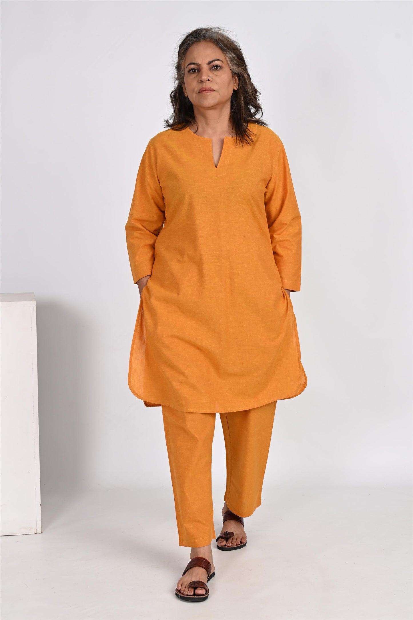 MUSTARD YELLOW LONG KURTA PANT SET