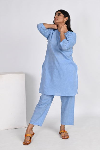 POWDER BLUE LONG KURTA PANT SET