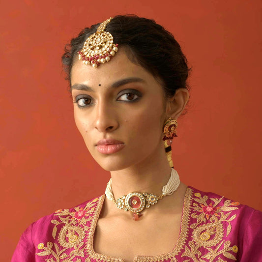 Red Polki Maang Tika with Pearls