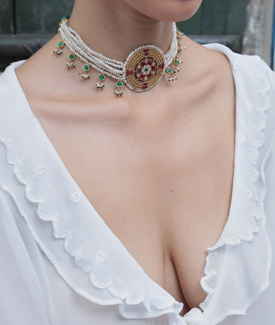 Floral Pearl Jadau Choker