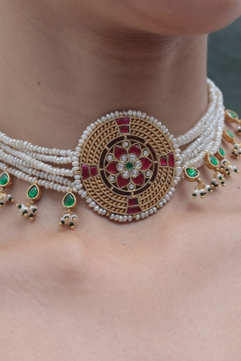 Floral Pearl Jadau Choker